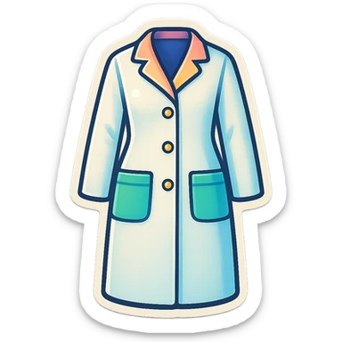 female medical coat full length, no girl, front view, retro stickers style, soft rounded shapes, clean contours, pastel palette, detailed shadows and highlights, modern illustration, transparent background sticker