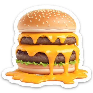 3D illustration of a burger with melted cheese dripping, sesame bun, realistic style sticker