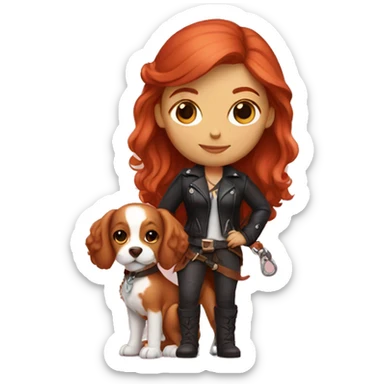 red-haired girl in leather holding a Cavalier puppy sticker