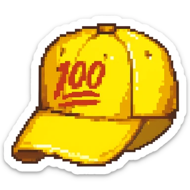 Embroider the red 100 emoji on the front of the yellow baseball cap in pixel art style, with no background. sticker