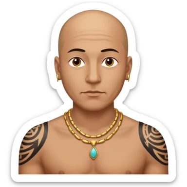 a bald man wearing necklace, having tattoo sticker