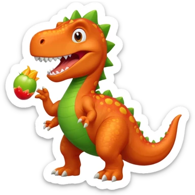 cheerful orange and red dinosaur mascot Gulpee from Planet Coaster, wearing a green t-shirt, big smile, energetic pose sticker