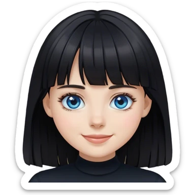 Girl smiling wearing black with black medium length hair with bangs and blue eyes sticker