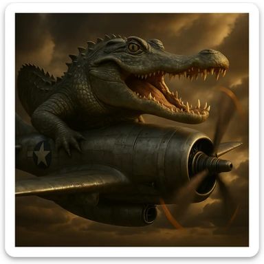 Create a single, realistic, metallic bomber plane that merges lifelike crocodile features with classic bomber plane elements. Include detailed textures and dramatic lighting in a photorealistic style. sticker