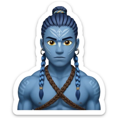 Design a Na’vi male with blue skin, tribal markings, braided hair, sharp eyes & a warrior look. sticker