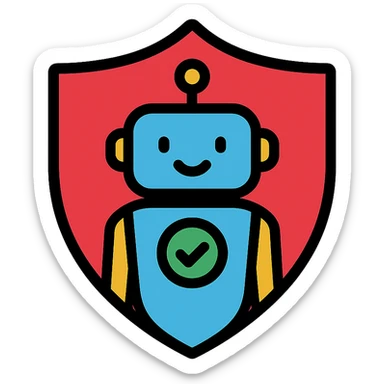 certified safe AI robot inside a shield, modern, trustworthy, suitable for a safety certification badge sticker
