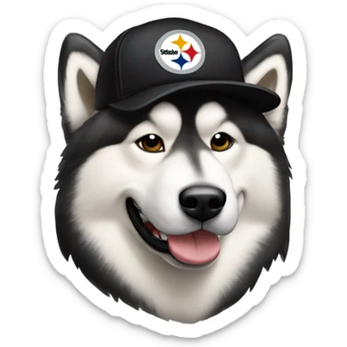 Face of Malamute with cream face wearing Pittsburgh Steelers hat sticker