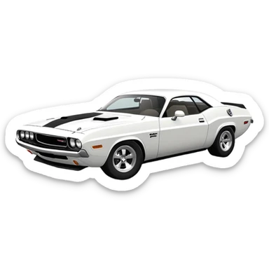Perfectly structured white 1971 Dodge Challenger from Death Proof, exact 30-degree perspective showing front and side, maintaining authentic muscle car proportions, all-white finish, iOS emoji style sticker