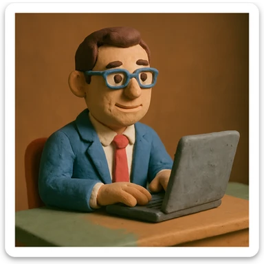 A 35-year-old male business coach sitting at a desk with a laptop sticker