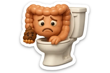emoji stile iphone di un intestino realistico 3d che esce dal wc con in mano una montagnetta di feci con espressione triste a palline, iperrealistico 4k sticker