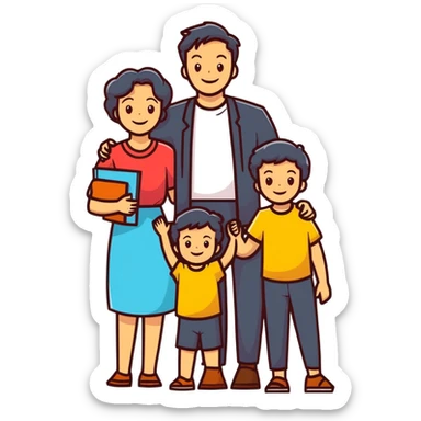 happy family: father, mother, two children, all smiling, bright colors sticker