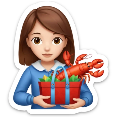 Cute girl brown hair holding gift bag with lobster inside sticker