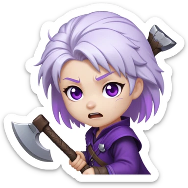 Chibi Sable Ward being hit on the head with a small axe, caught in the act look, white hair with purple streaks, fully purple eyes, dizzy expression sticker