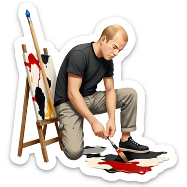 Jackson pollock the abstract artist leaning over to flick black white and red paint from a brush onto a canvas at his feet sticker