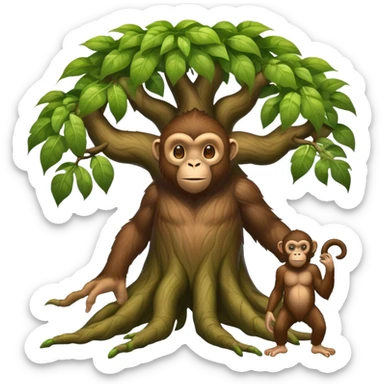 Surreal tree giant with monkey face, leafy limbs, and huge feet sticker