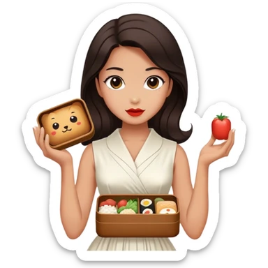 Beautiful woman in 1950’s woman fashion look, white dress, long dark brown hair, Japanese bento sticker