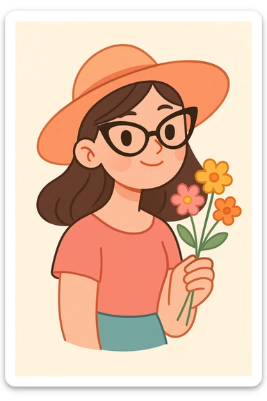 a girl with an oval face, cat eye specs, a wide-brimmed hat, and flowers in her hand, soft pastel illustration style sticker