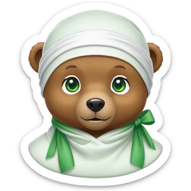 Adorable small brown bear face with green eyes wearing a white silk durag tied at the back, urban style, iOS emoji style sticker