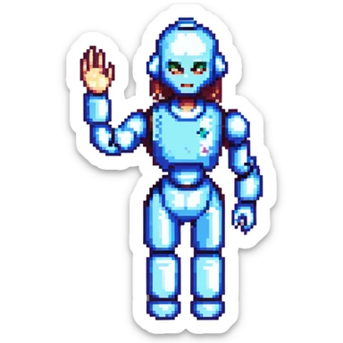 shoulders-up portrait of a cute female recruiter robot, 8-bit pixel art style, metallic, talking, one hand in the air as if presenting sticker