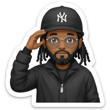 African American man with shoulder length black dreadlocks with black beard wearing black sunglasses wearing a black bubble winter coat wearing a New York Yankees baseball hat with his hands on top of head in thinking position sticker