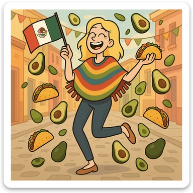 playful cartoon of a tall blonde woman, colorful poncho, smiling, holding taco and avocado, waving Mexico flag, dancing in the street, surrounded by tacos and avocados, street party scene sticker