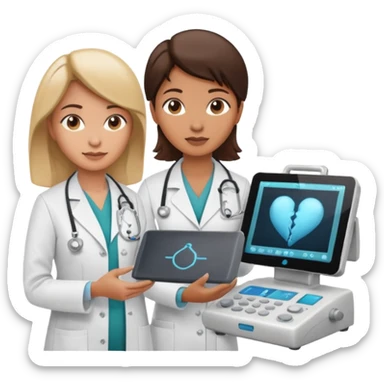 female doctor and ultrasound technician adjusting knobs on an ultrasound machine sticker