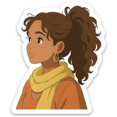 bohemian style girl with brown skin, long brown curly hair tied high, wearing a lemon yellow scarf and round earrings sticker