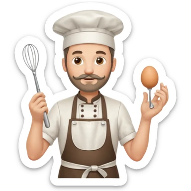 Middle aged male pastry chef - with a small beard, apron, white hat, holding an egg beater in his right hand, and his left hand naturally hanging down to his side sticker