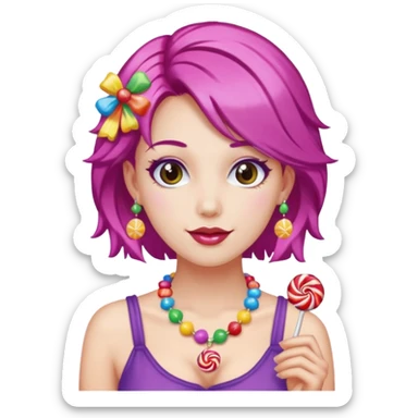 colorful hair woman with candy accessories, not holding a candy sticker