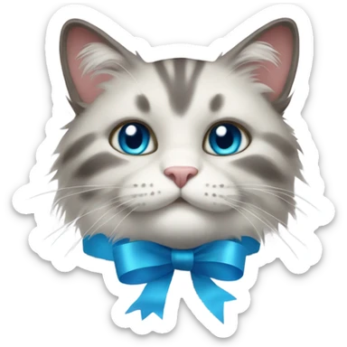 Thick fur cat with soft blue ribbon sticker