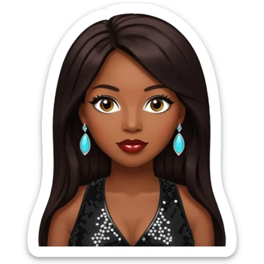 Tiffany "New York" Pollard with long dark brown hair, black sequin outfit sticker