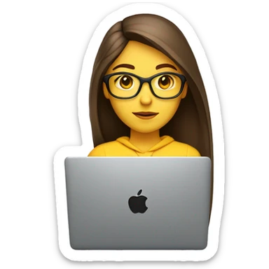 front view,white pretty female coder with apple laptop in front of her, very long straight brown hair, brown eyes, facing the right side looking at the laptop, yellow sweatshirt, transperant glasses sticker
