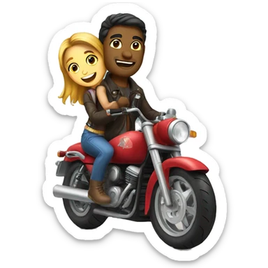 A guy on a motorcycle with a girl backpack sticker