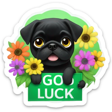 Black pug , surrounded by flowers, holding a green sign that says “good luck”  sticker