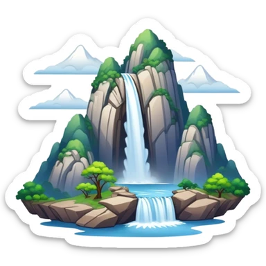 Mount Lu waterfalls and mist Jiangxi, simplified emoji style with bold outlines and bright colors, cartoon style misty mountain with waterfall sticker