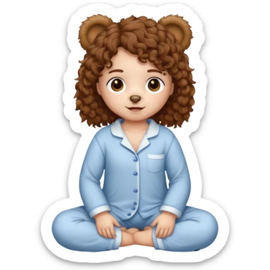brown eyes, brown curly hair, white skin, full body in cute pijama bear sticker
