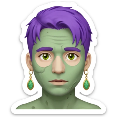 purple haired man with full full face dirty messy green clay mask and earrings sticker