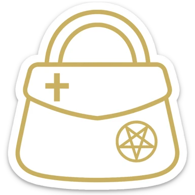 Create a stylish minimal gothic purse in gold and black colors. The purse should be minimalistic, without kawaii or cartoonish features such as big eyes. Include one or two simple gothic symbols. The background should be removed, leaving only the purse visible. sticker