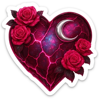 Edit the gothic heart to have cracked deep pink glass, silver crescent moon, pink roses, shimmering holographic stardust, neon lightning accents, and a glossy wet appearance. Keep the background transparent. sticker