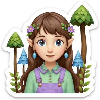 Kind happy whimsical quirky Girl toymaker, wood carving elf. Woodland nature creator. Blue eyes. brown hair (short — inch longer than chin length) wavy hair & bangs. Whimsical playful cute. Overalls with nature embroidered cute shirt collar. Light green, light purple and light blue colour aesthetic  sticker