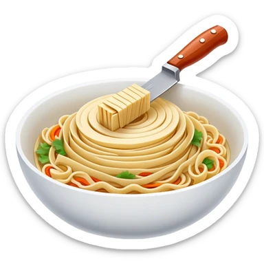 Shanxi knife-cut noodles with irregular thick shape being sliced, simplified emoji style with bold outlines and bright colors, cartoon style traditional Dao Xiao Mian sticker