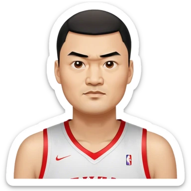 Yao Ming – Cinematic Realistic Portrait of Yao Ming, depicted as a towering basketball icon in a modern uniform, with a gentle yet determined expression and dynamic arena lighting that highlights his immense stature and graceful athleticism. sticker