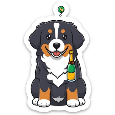 bernese mountain dog with a toy champagne bottle in its mouth sticker