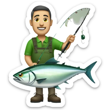 husband holding fishing rod with green fishing line hooked tuna sticker