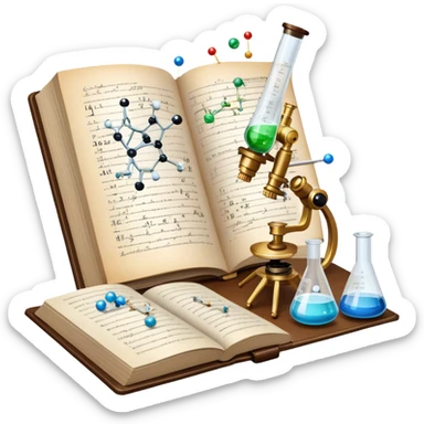 Icon for Scientific and Educational Reading: an open book with mathematical and physical formulas on the pages, with molecules and atoms flying out. On the desk are test tubes, flasks, and a microscope. Transparent background. sticker