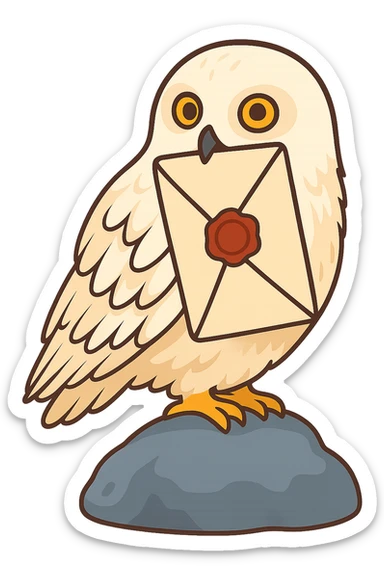 Convert the owl holding the Hogwarts letter in its beak into a hand-drawn vector style with no outlines, clear shadows and highlights. Preserve the shape and details of the owl and the letter as in the reference image, but change the style to a clean vector illustration. No background. sticker