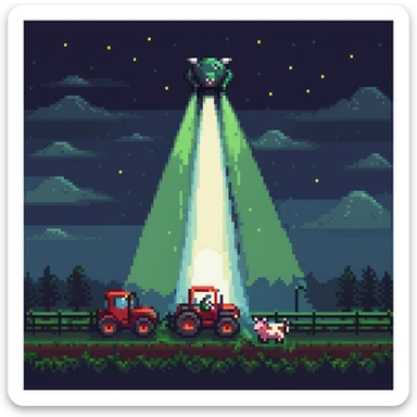 UFO abduction scene with a cow being lifted by a tractor beam at night sticker