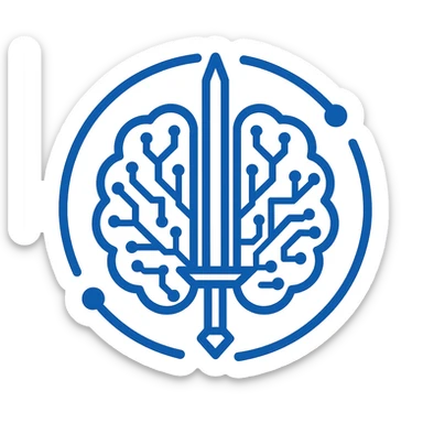 minimalist vector icon of a human brain symmetrically divided by a central energy blade (neural blade), with fine lines resembling circuits and neurons network inside each hemisphere, surrounded by a broken circle with three points representing activation, evolution, power, flat style, monochromatic neon blue color, conveying intelligence, strategy, mental expansion, and technological mastery, ideal for emoji, seal, or digital badge sticker