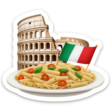 An icon featuring the Colosseum and the flag of Italy, symbolizing the Italian language. The design includes an open book with Italian phrases and a plate of pasta, representing language learning and cultural heritage. Transparent background sticker