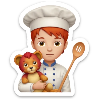 boy kid italian chef, red haired, uniform, holding plush lion sticker